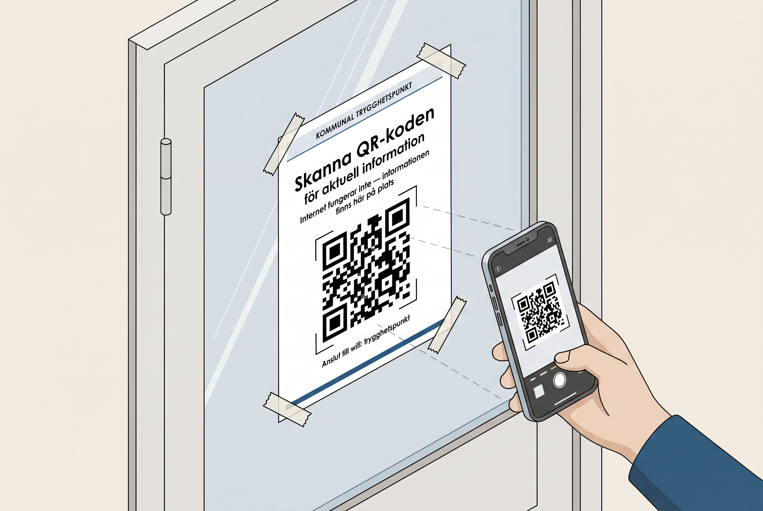 Ett anslag på en glasdörr visar QR-kod och wifi-namn. En hand håller upp en telefon och scannar.